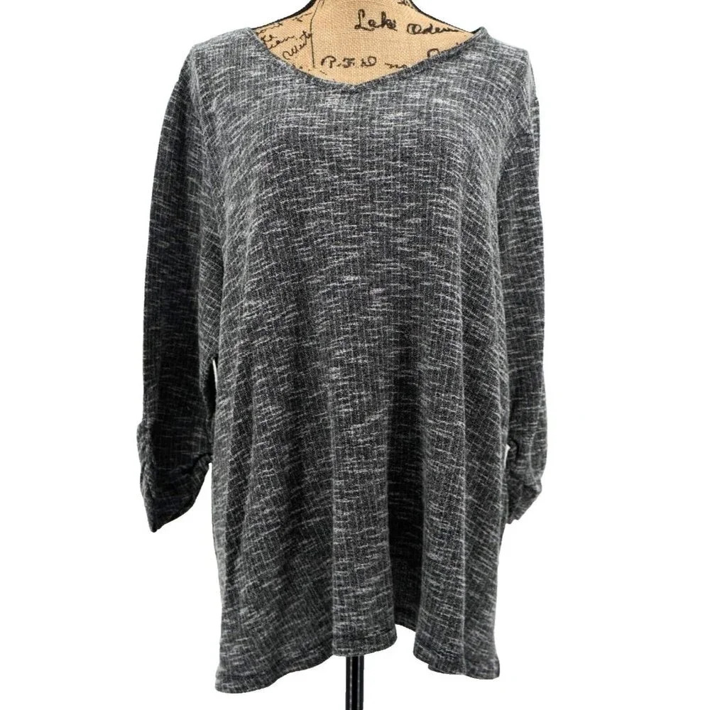 CATHERINES Tunic Top Sweater Women 2X Gray Knit 3/4 Ruched Sleeve